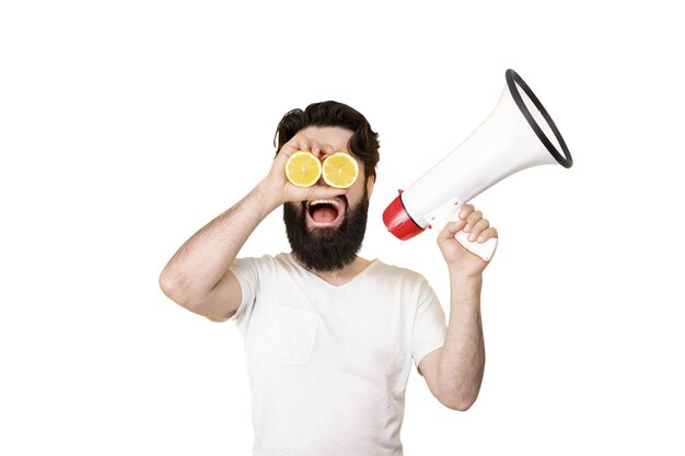 man with megaphone isolated on white background