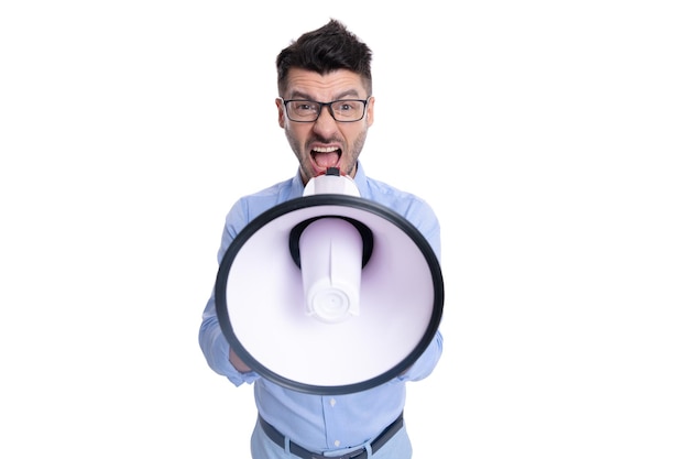 Man with megaphone isolated on white selective focus man with megaphone announcement