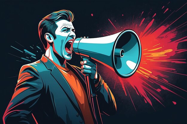 Photo man with megaphone screaming concept illustration