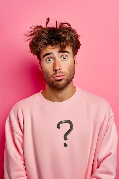 A man with messy hair is wearing a pink shirt with a question mark on it