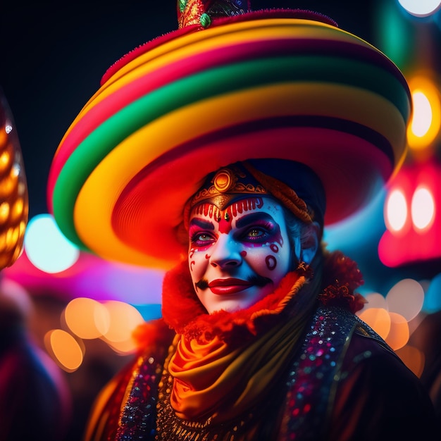 멕시코 모자와 마스크를 쓴 남자가 형형색색의 불빛 앞에 서 있다.
