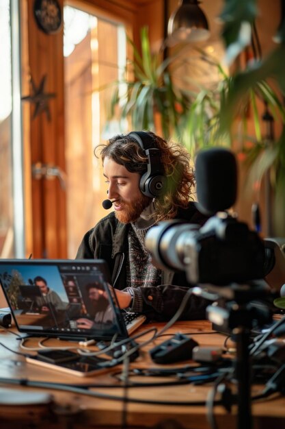 Foto un uomo con un microfono e una telecamera dietro di lui