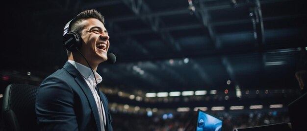 Photo a man with a microphone in front of a crowd of people