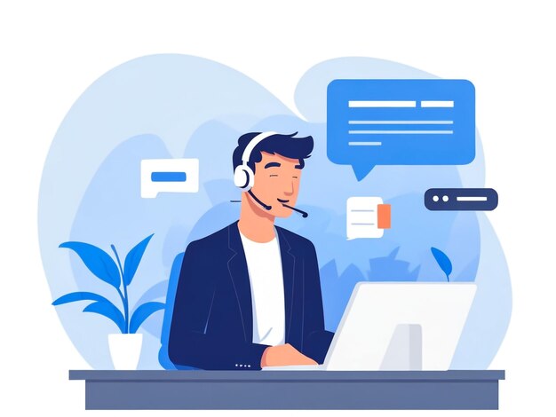 Man with microphone with laptop or computer Concept illustration for support assistance call center