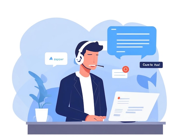 写真 マイクを搭載した男性ラップトップまたはコンピュータサポート・アシスタント・コールセンターのコンセプトイラスト
