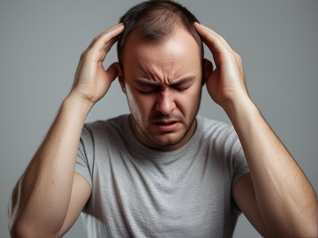 Мужчина с мигренной головной болью держит голову в боли