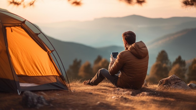 man with mobile phone sitting near camping tent and mountains