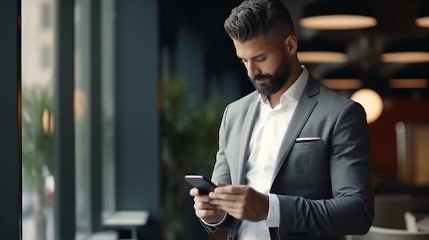 Man with mobile smart phone side view Businessman Ai