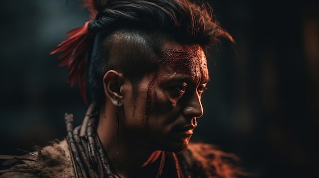 A man with a mohawk and a feathered headband stands in a dark room.