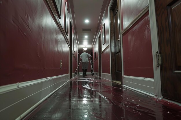 Photo a man with a mop is walking down a hallway