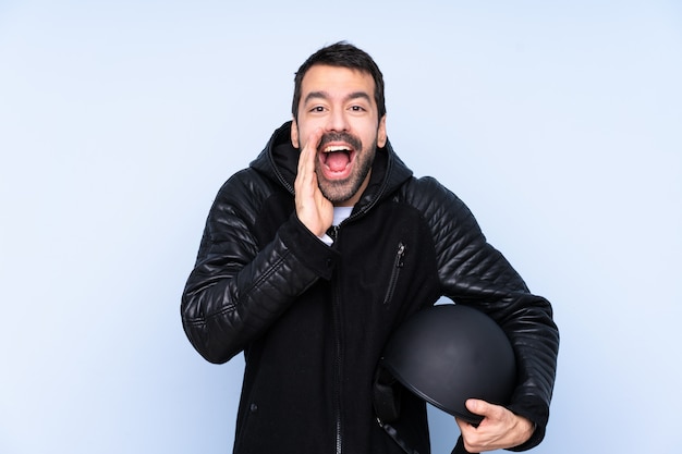 Man with a motorcycle helmet shouting and announcing something