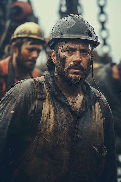 a man with mud on his head walks with his helmet covered in mud