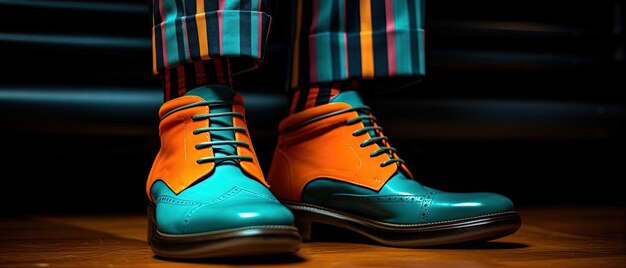 the man with multicolored socks and shoes in the style of dark teal and orange