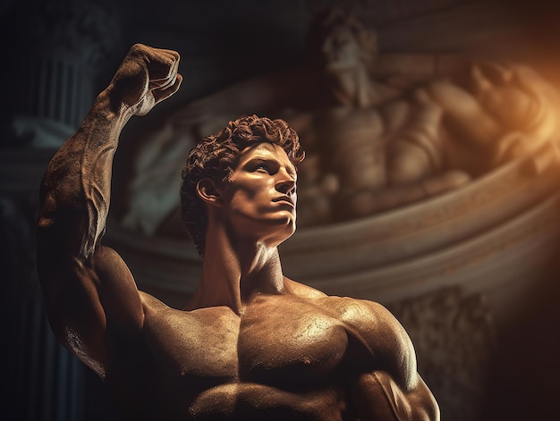 Foto un uomo con un braccio muscoloso davanti a una statua.