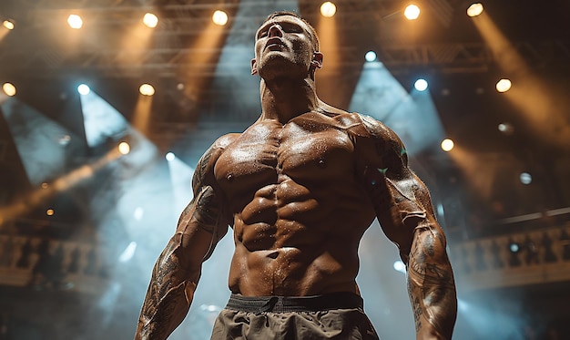 a man with a muscular body is standing in front of a stage with his arms outstretched