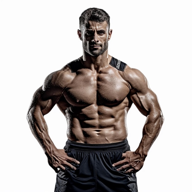 A man with a muscular body stands in front of a white background.