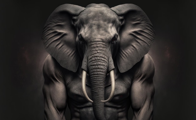 A man with a muscular elephant on his body is shown in a photo.