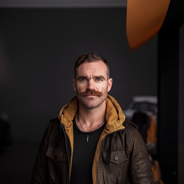 A man with a mustache and a black shirt with a brown jacket on it