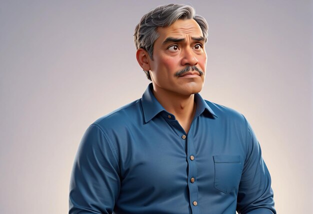 a man with a mustache and a blue shirt