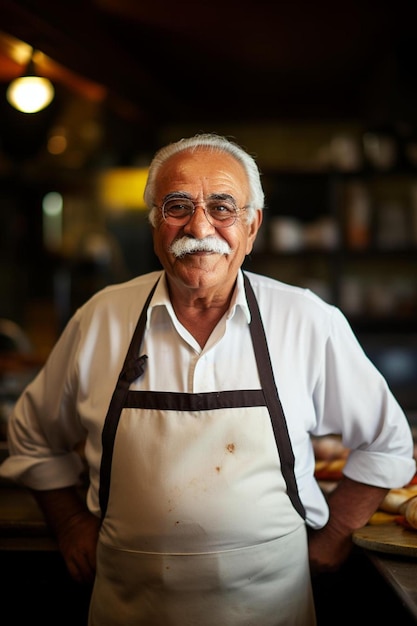 Photo a man with a mustache and glasses is standing in front of a counter with food and a sign that says  old man