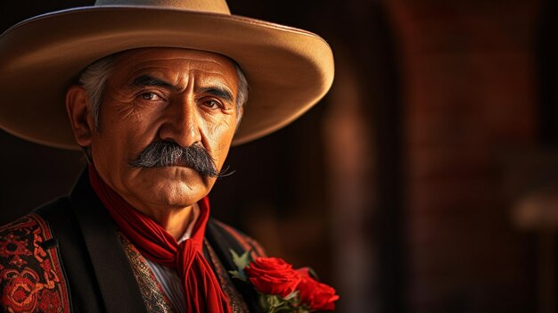 Photo a man with a mustache and a red scarf is standing in front of a building