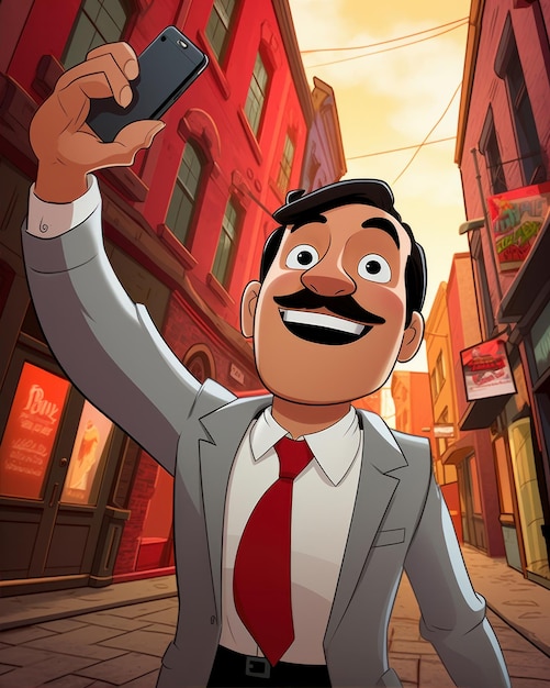 Foto uomo con baffi vestito rosso tuxedo strada telefono cellulare in mano sorridente venditore elegante c