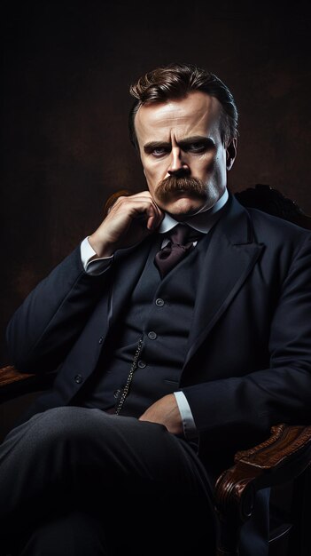 Photo a man with a mustache and a tie sits in a chair