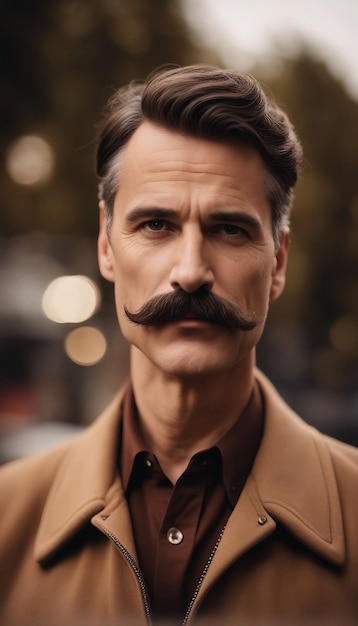 A man with a mustache wearing a brown jacket