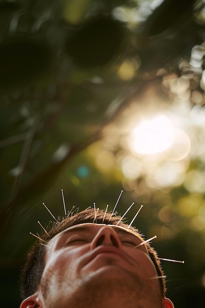 Photo a man with needles on his body acupuncture against the background of nature