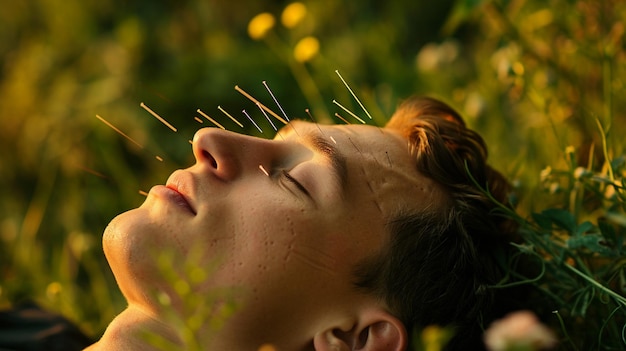 Photo a man with needles on his body acupuncture against the background of nature