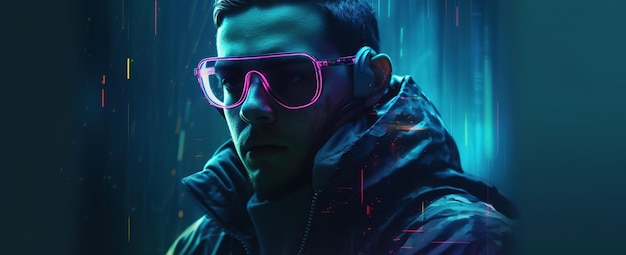 A man with a neon pink sunglasses on.