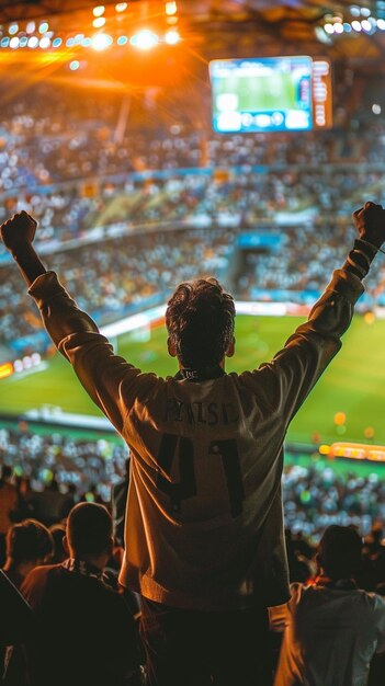 a man with the number 7 on his back stands with his arms raised in the air