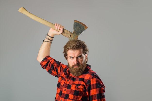 Man with old ax bearded lumberjack portrait of man with ax canadian lumberjack bearded man with ax