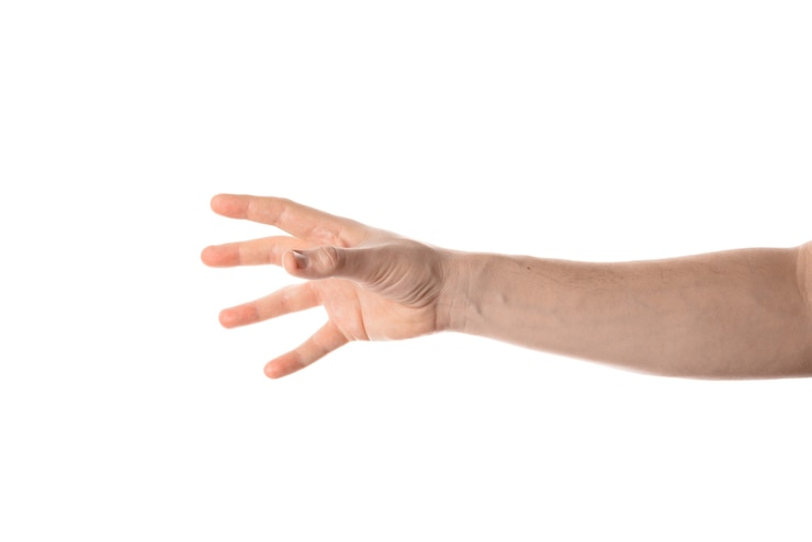 Photo man with open hand gesture. isolated on white background.