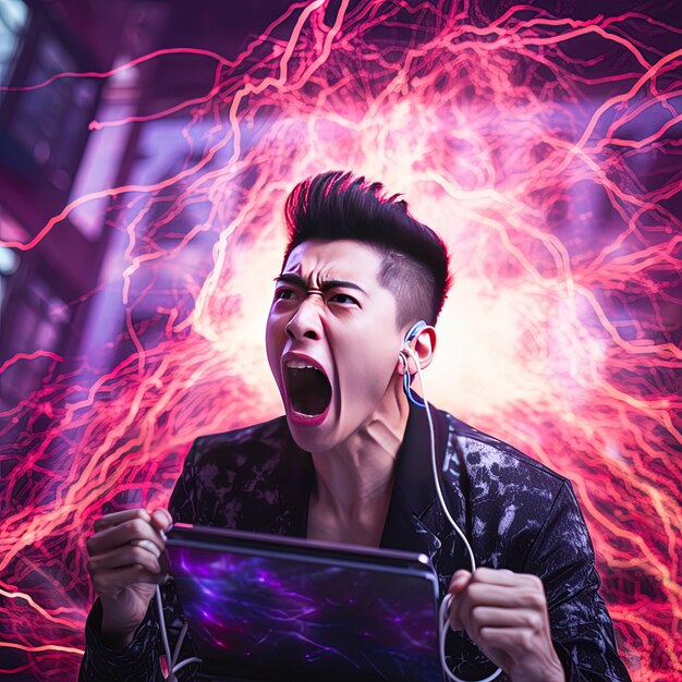 Photo a man with an open mouth is screaming with a laptop in front of him