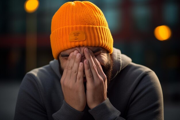 a man with a orange knitted hat is laughing on orange background