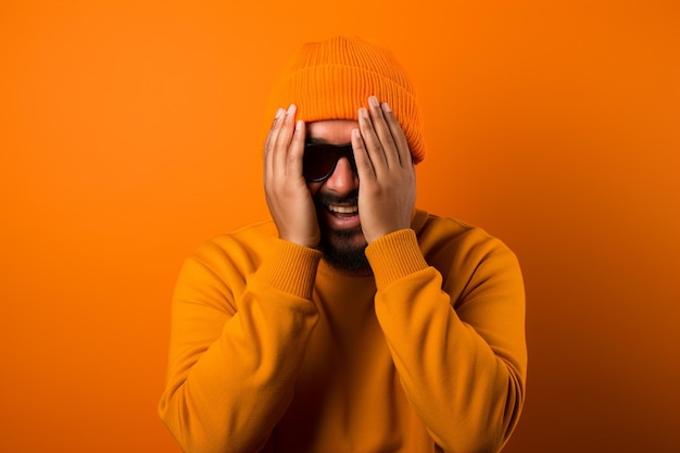 Photo a man with a orange knitted hat is laughing on orange background