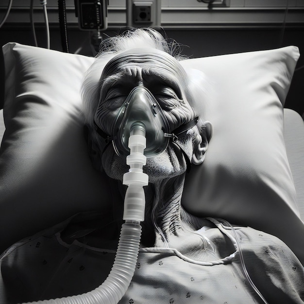 a man with an oxygen mask in a hospital bed