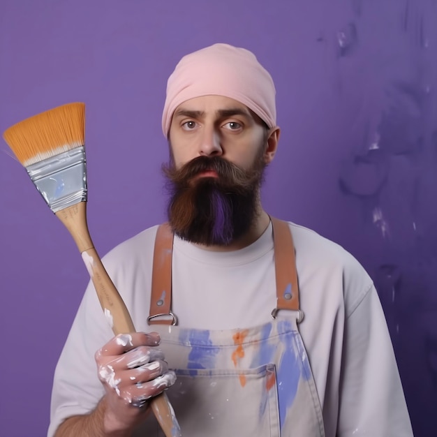 A man with a paintbrush in his hand is holding a paintbrush.