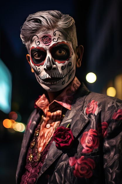 A man with a painted face in the evening street Image for Halloween Generative AI