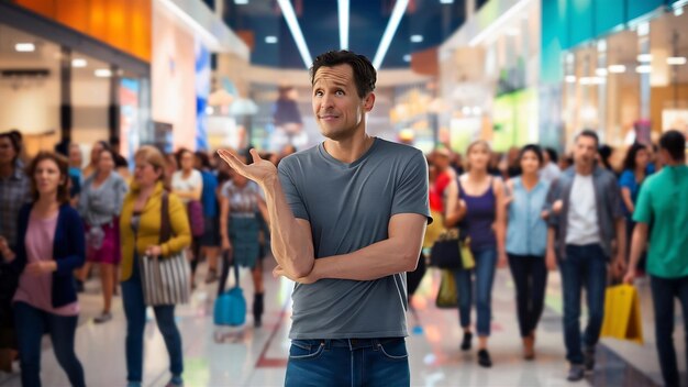 Man with palm up in a shopping enter