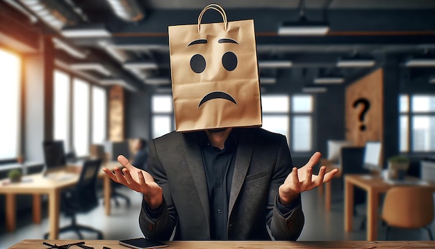 Photo a man with a paper bag on his head with a picture of confused emotions confuse hand gesture