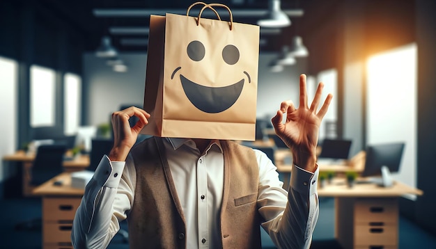 Photo a man with a paper bag on his head with a picture of happy emotions okey hand gesture