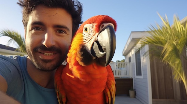 Foto un uomo con un pappagallo sul braccio e una casa sullo sfondo