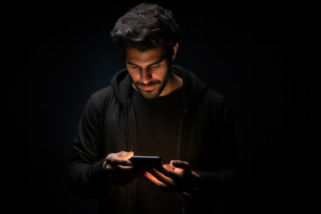 man with phone on black background