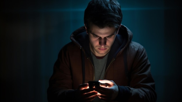 man with phone in front of the night scene