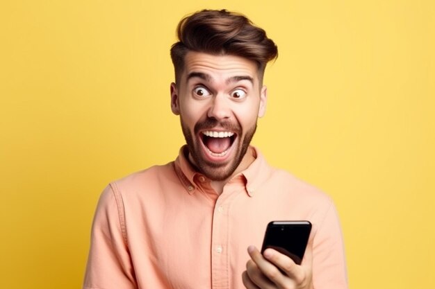 A man with a phone in his hand is looking at the screen and has a big smile on his face