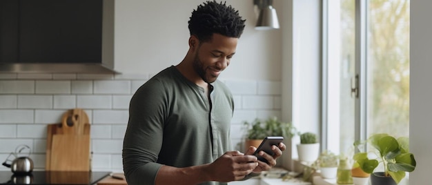 Photo a man with a phone in his hand stands in a kitchen