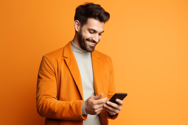 Photo man with phone on orange background