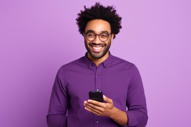 man with phone on purple background